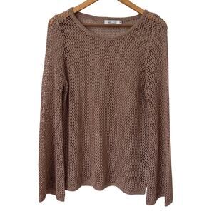 Miracle Champagne Metallic Mesh Sheer Knit Bell Sleeve Sweater Cover Up Top-S